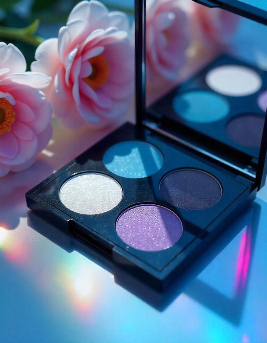 City of Angels natural herbal eyeshadow palette, blue, purple, white, silver, black, gray, smokey eye by Body of Angels