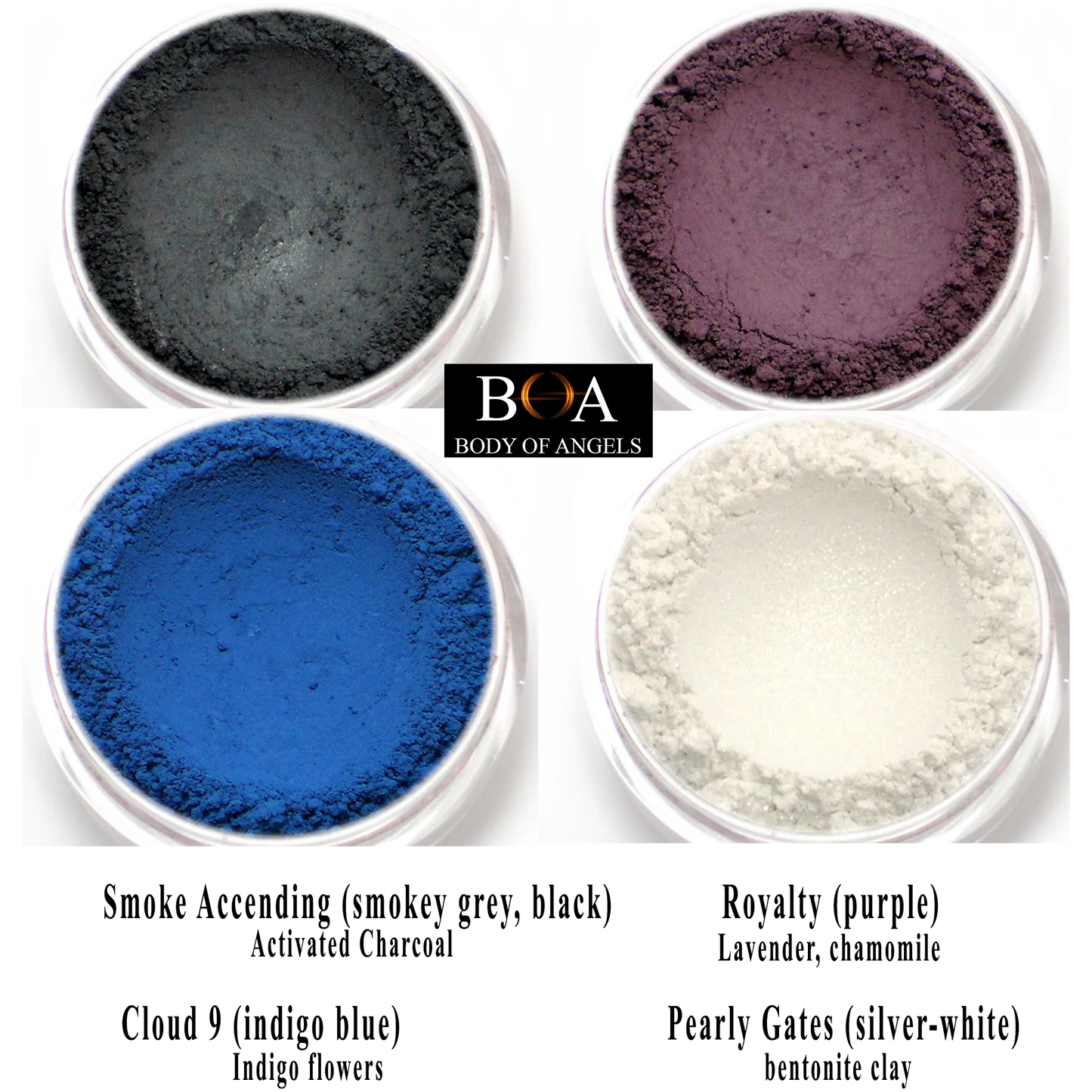 City of Angels natural herbal eyeshadow palette, blue, purple, white, silver, black, gray, smokey eye by Body of Angels