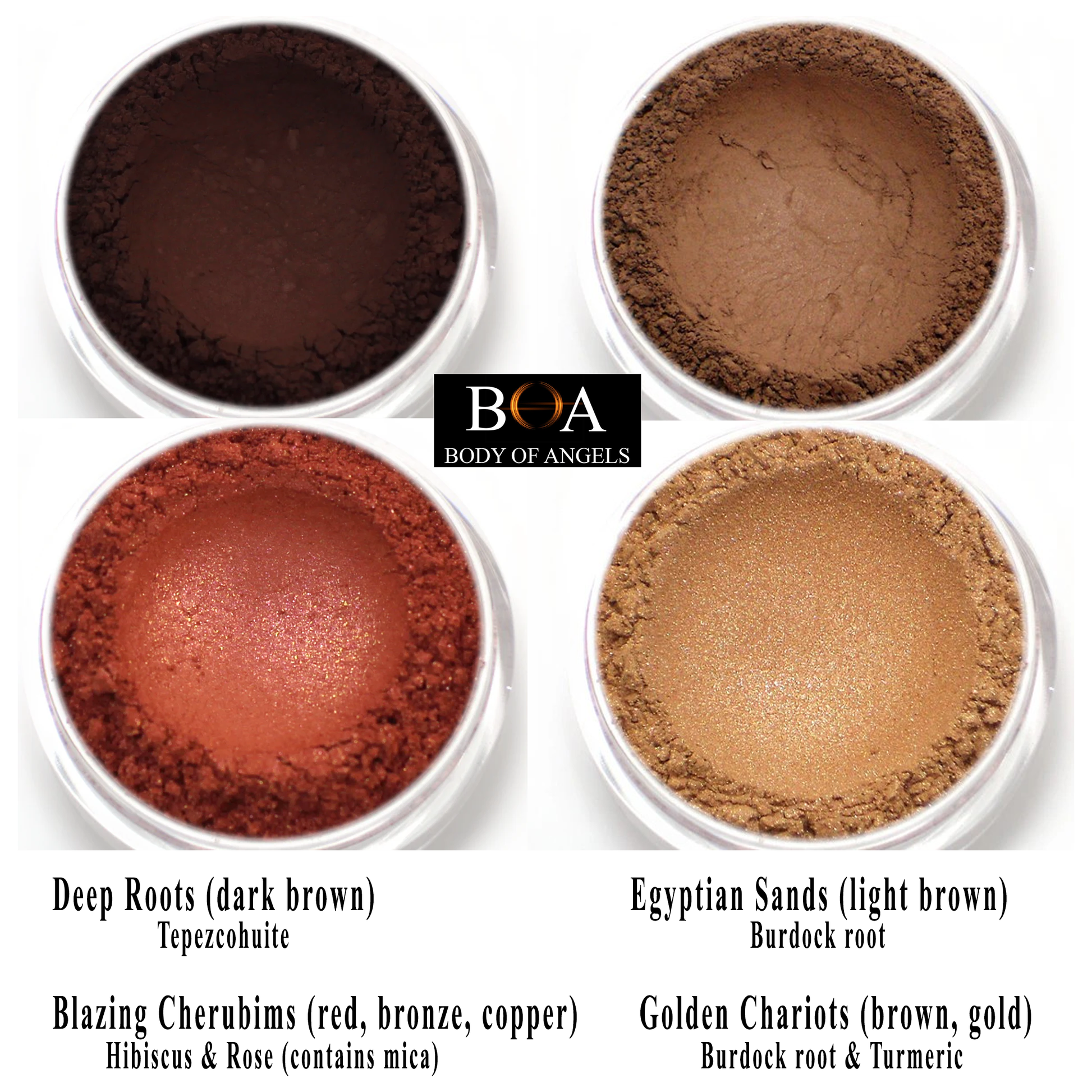 Natural Mineral & Herbs Eyeshadow by Body of Angels, Promised Land, red, dark red, gold, brown, bronze, hibiscus, rose, burdock, turmeric